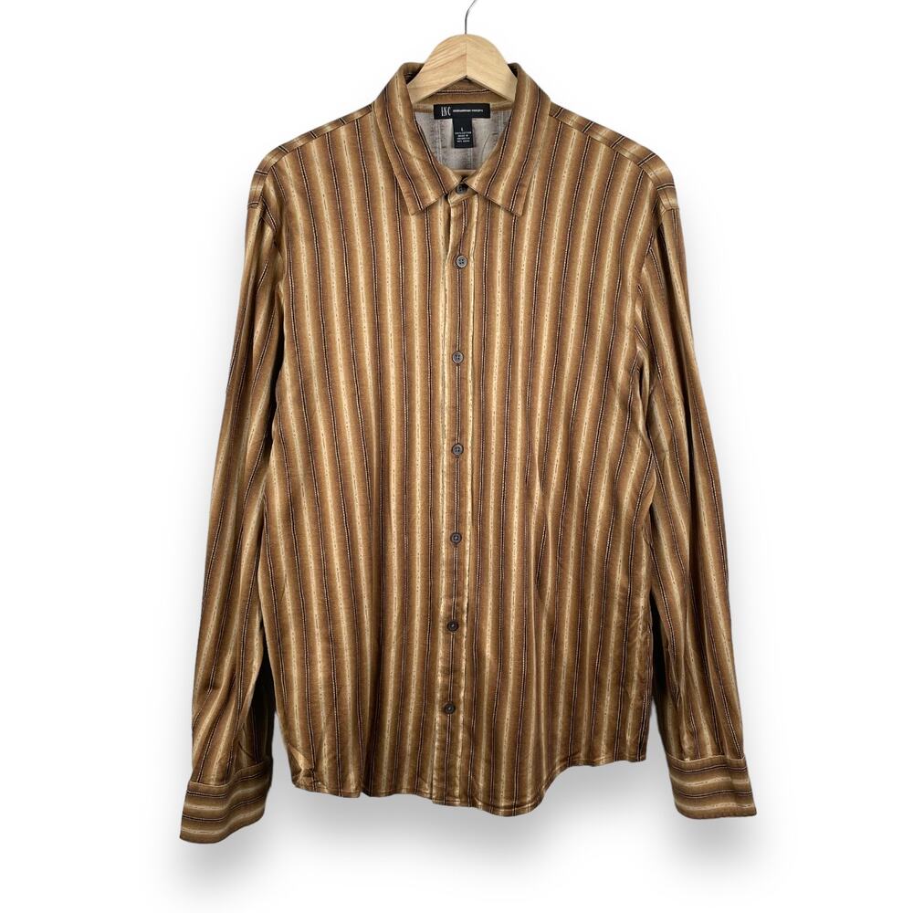 y2k Mens Brown Stripe Button Up Shirt Large Long Sleeve Western Retro Indie